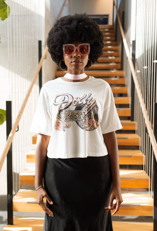 Dolly Parton Rose Record Off White Licensed Graphic Crop Tee