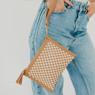 Jen Woven Crossbody and Clutch Bag - Checkered Tan