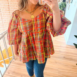 Fall Plaid Babydoll Blouse with Tulle and Bubble Quarter Sleeves