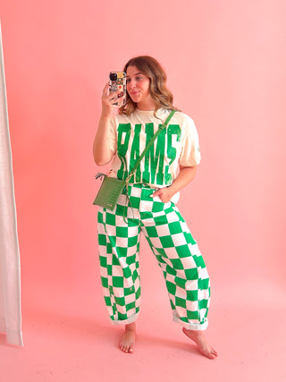 Green Checkered Printed Barrel Pants