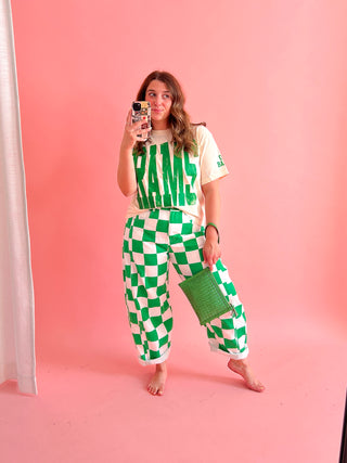 Green Checkered Printed Barrel Pants