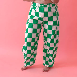 Green Checkered Printed Barrel Pants
