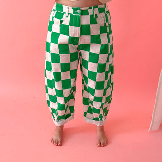 Green Checkered Printed Barrel Pants