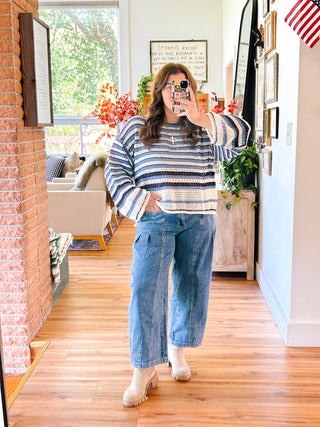 Denim Blues Crochet Knit Sweater