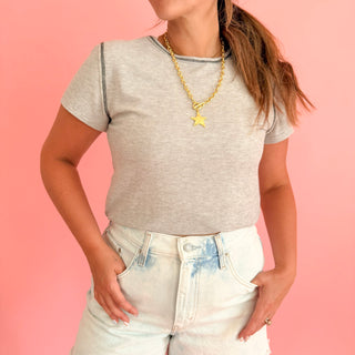 Basic Tee with Contrast - Ribbed Gray