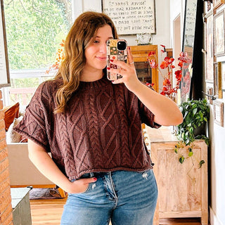 Brown Cable Knit Short Sleeve Sweater
