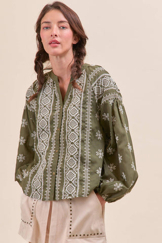 Olive Embroidered Top