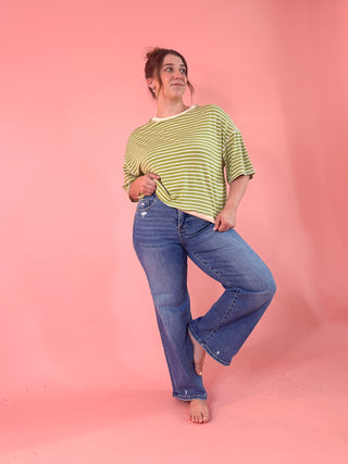 RISEN Tummy Control High Rise Crop Wide Jeans