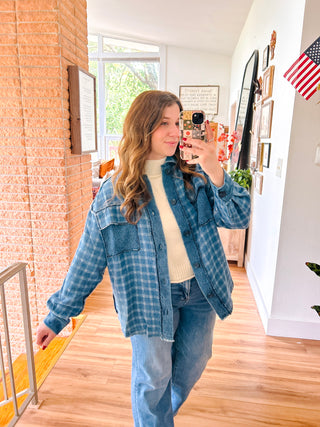 Denim Plaid Button Up Shacket with Solid Denim Patches