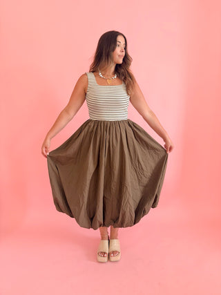 Striped Tank Top Balloon Skirt Midi Dress
