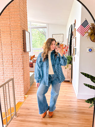 Denim Plaid Button Up Shacket with Solid Denim Patches