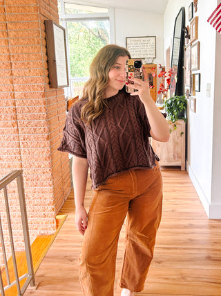 Brown Cable Knit Short Sleeve Sweater