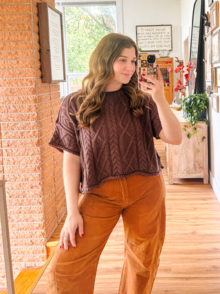 Brown Cable Knit Short Sleeve Sweater