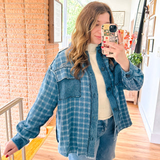 Denim Plaid Button Up Shacket with Solid Denim Patches