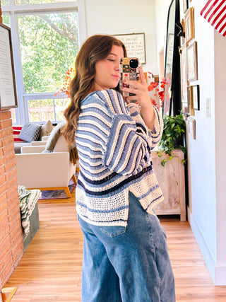 Denim Blues Crochet Knit Sweater