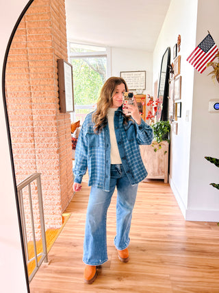 Denim Plaid Button Up Shacket with Solid Denim Patches