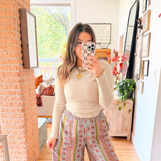 Ribbed Lettuce Trim Fitted Long Sleeve Top - Taupe