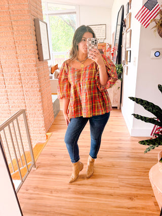Fall Plaid Babydoll Blouse with Tulle and Bubble Quarter Sleeves