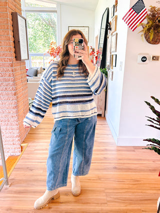 Denim Blues Crochet Knit Sweater