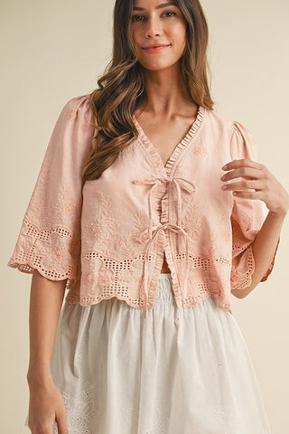 Lila Embroidered Tie Front Top