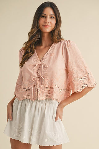 Lila Embroidered Tie Front Top