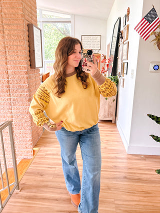 Mustard Bubble Hem Henley Pullover with Knit Print Sleeves