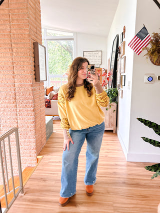 Mustard Bubble Hem Henley Pullover with Knit Print Sleeves