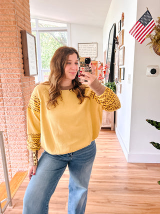 Mustard Bubble Hem Henley Pullover with Knit Print Sleeves