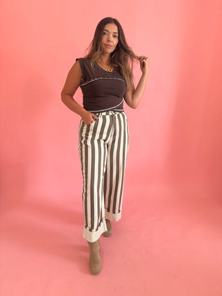 Brown Striped Cuffed Wide Leg Pant