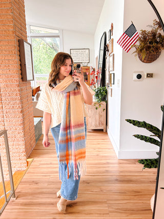 Oversized Plaid Scarf - Apricot + Blue