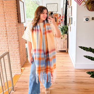 Oversized Plaid Scarf - Apricot + Blue
