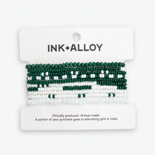 Green + White Beaded 10 Strand Stretch Bracelet Set