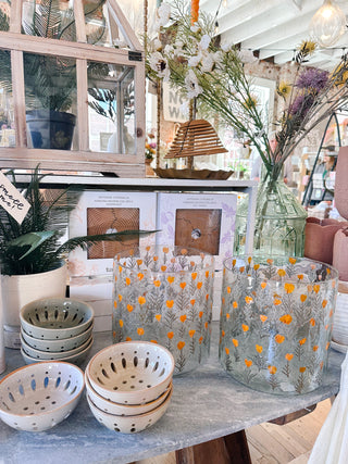 Orange Flowers and Juniper Glass Hurricane