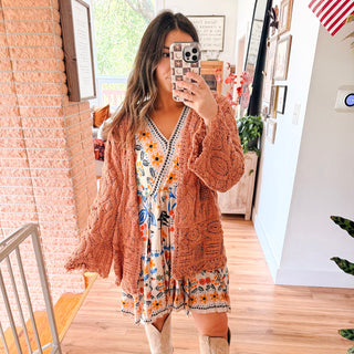 POL Camel Crochet Open-Knit Cardigan