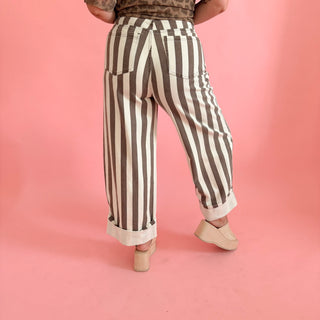 Brown Striped Cuffed Wide Leg Pant