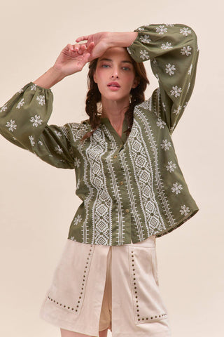 Olive Embroidered Top