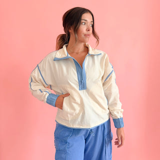 Sporty Contrast Pullover - Cream/Blue