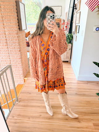 POL Camel Crochet Open-Knit Cardigan