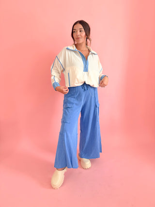 Sporty Contrast Pullover - Cream/Blue