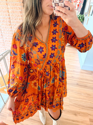 Orange Floral Print Wrap Mini Dress