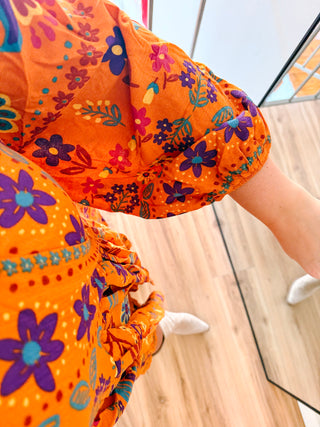 Orange Floral Print Wrap Mini Dress
