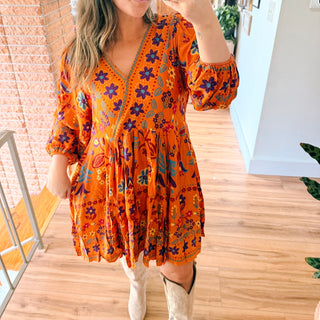 Orange Floral Print Wrap Mini Dress
