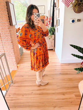 Orange Floral Print Wrap Mini Dress