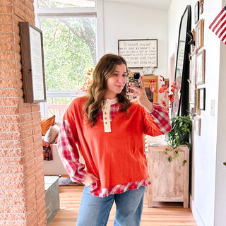 Red Plaid Button Up Henley Pullover with Raw Hem