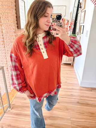 Red Plaid Button Up Henley Pullover with Raw Hem