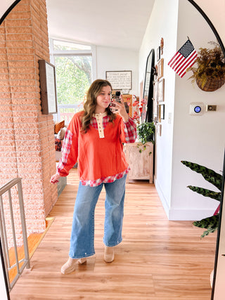 Red Plaid Button Up Henley Pullover with Raw Hem