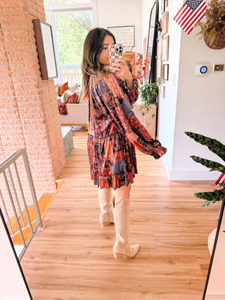 Velvet Patchwork Mini Dress with Button Front
