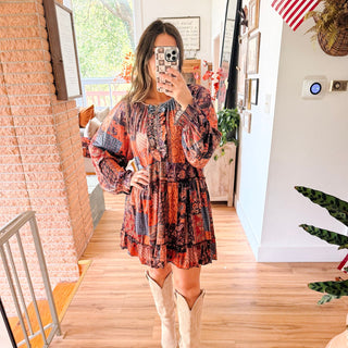 Velvet Patchwork Mini Dress with Button Front