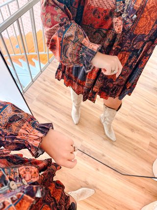 Velvet Patchwork Mini Dress with Button Front