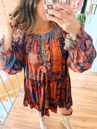 Velvet Patchwork Mini Dress with Button Front